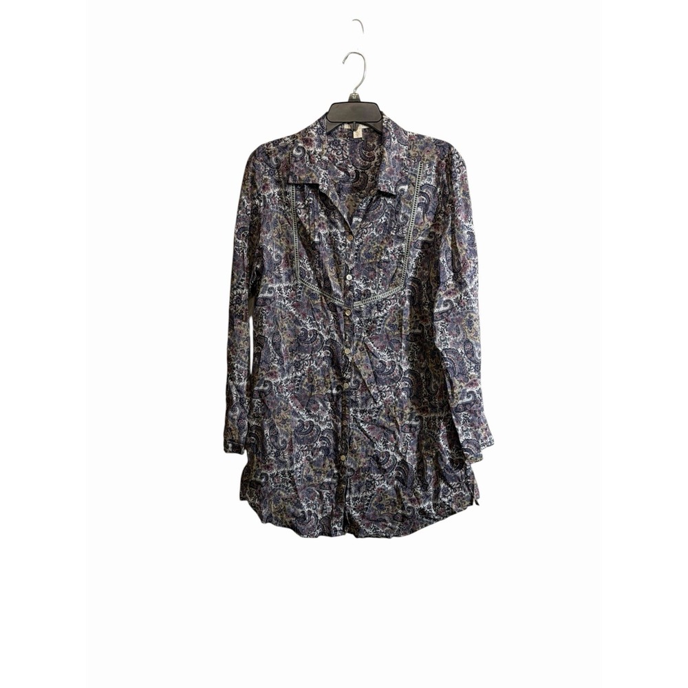 Coldwater Creek XL Long Tunic Top Purple Paisley Crochet Detail Western